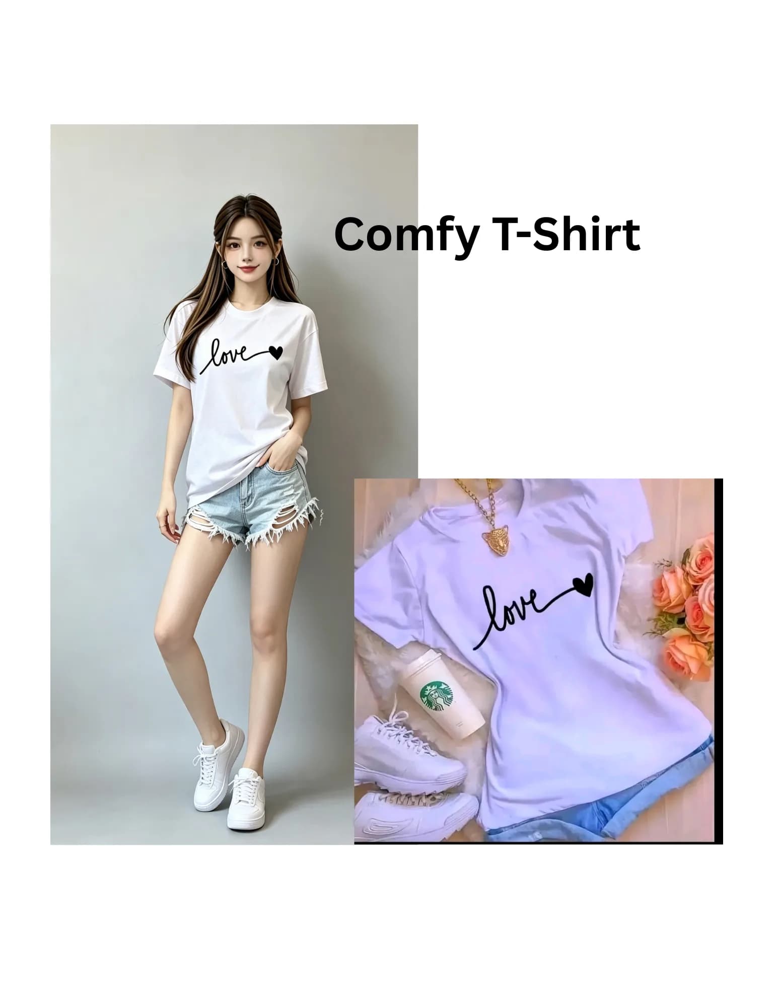 βSimple but full of love π€ Effortless vibe sa classic white tee with that cute βloveβ detail. Perfect pang-araw-araw na komportable at stylish! β¨β