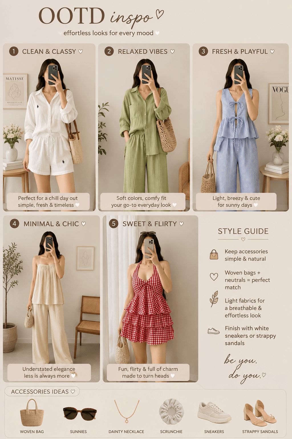 ✨ OOTD INSPO FOR EVERY MOOD 🤎 ✨ From clean & classy to sweet & flirty, find the perfect look for your next outfit moment! 👗👜👡 🌷 Effortless fits 🤎 Soft & timeless colors 🧺 Cute woven accessories ☀️ Perfect for everyday, sunny days & chill outings