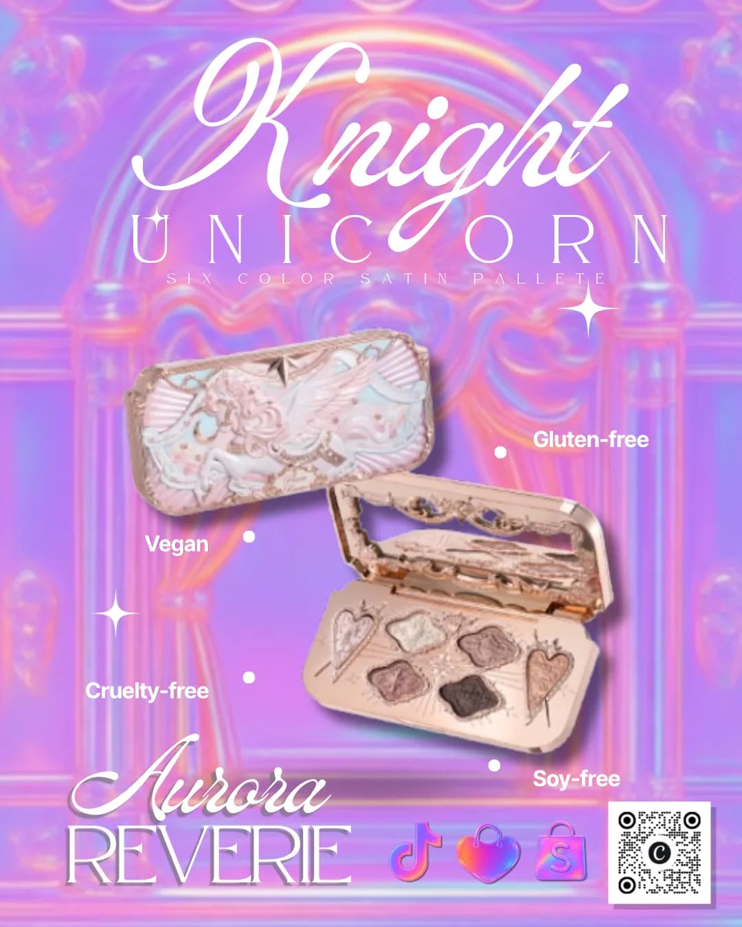 Get bedazzled with Flower Knows Knight Unicorn Collection 6-color satin eye shadow palette!