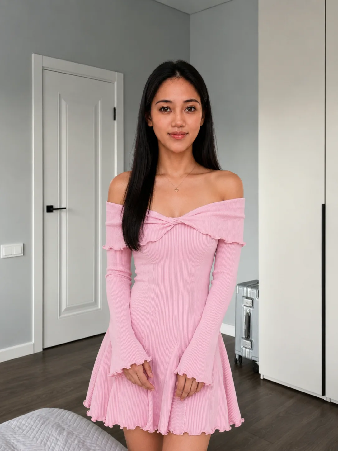 knitted plain lettuce off shoulder dress for women