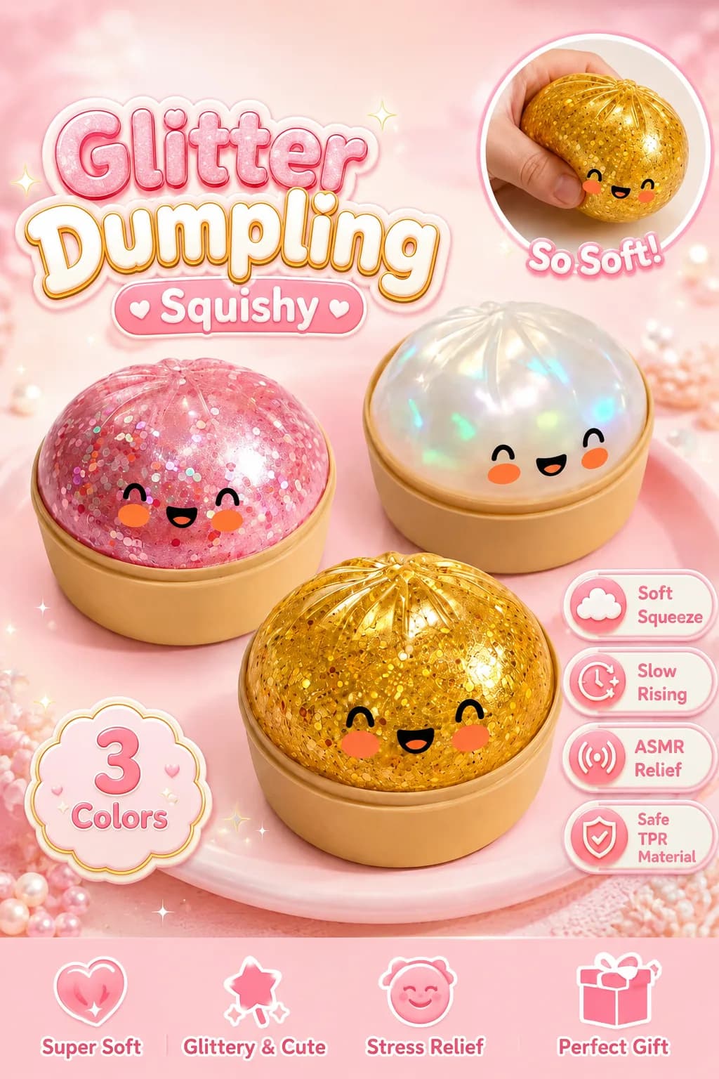 Obsessed with cute things? Look at this glitter dumpling squishy! โจ๐ฅ So soft, so satisfying, and it slowly rises back every time you squeeze it. Perfect for stress relief, ASMR lovers, and anyone who loves kawaii toys. Available in three adorable colors. Grab yours before they're gone! ๐https://vt.tiktok.com/ZS9hhgHjKGnjD-B1eTu/