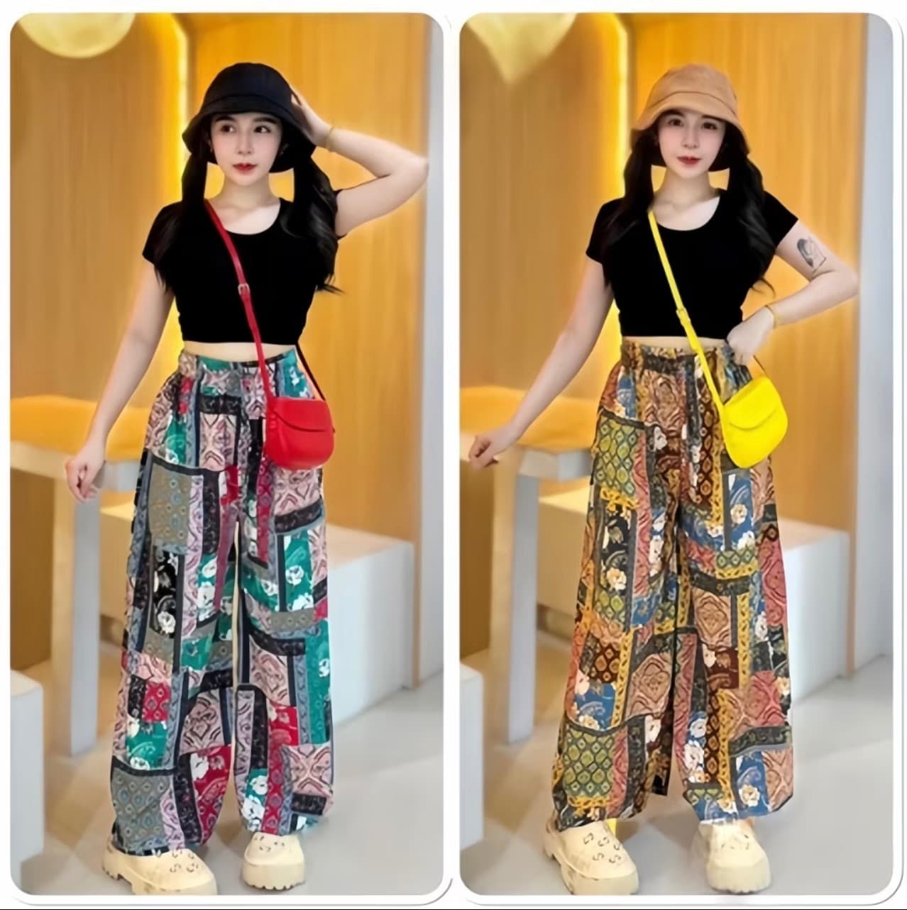 Bohemian style casual pants wide-leg slimming high-waist plus size floral pants beach pants fashion