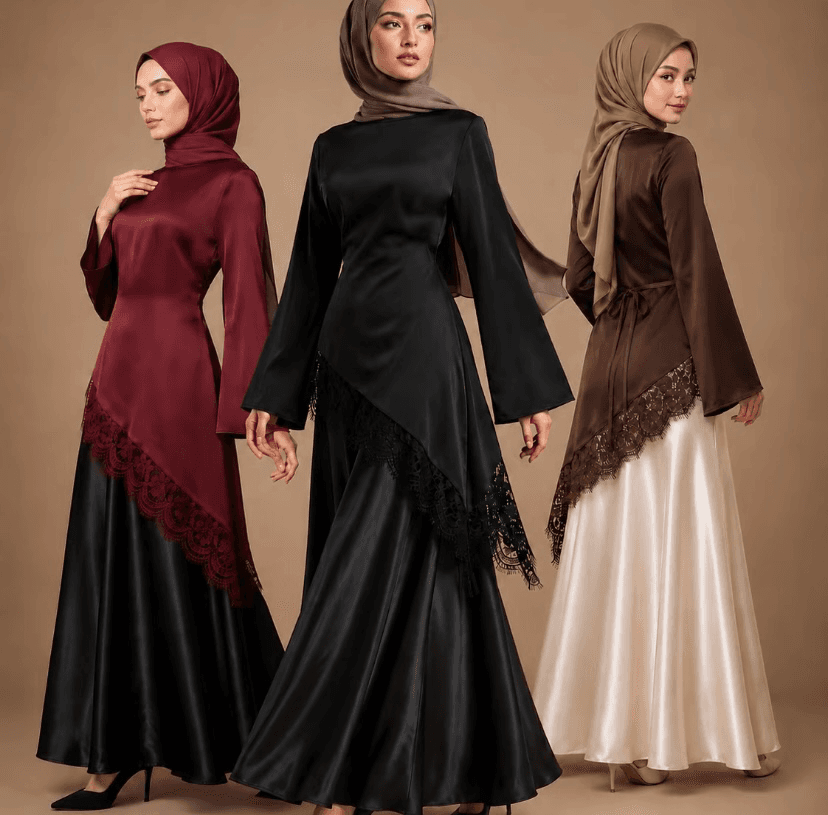 Muslim women's satin top, satin fitted midi skirt, back tie waist design, lace spliced asymmetrical hem design, multiple color options,