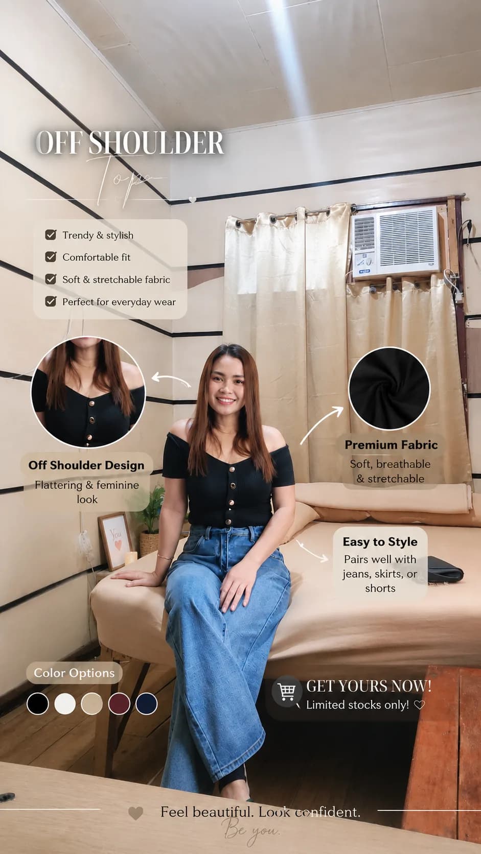 Ang ganda ng off shoulder na to malambot pati ang tela malamig sa katawan