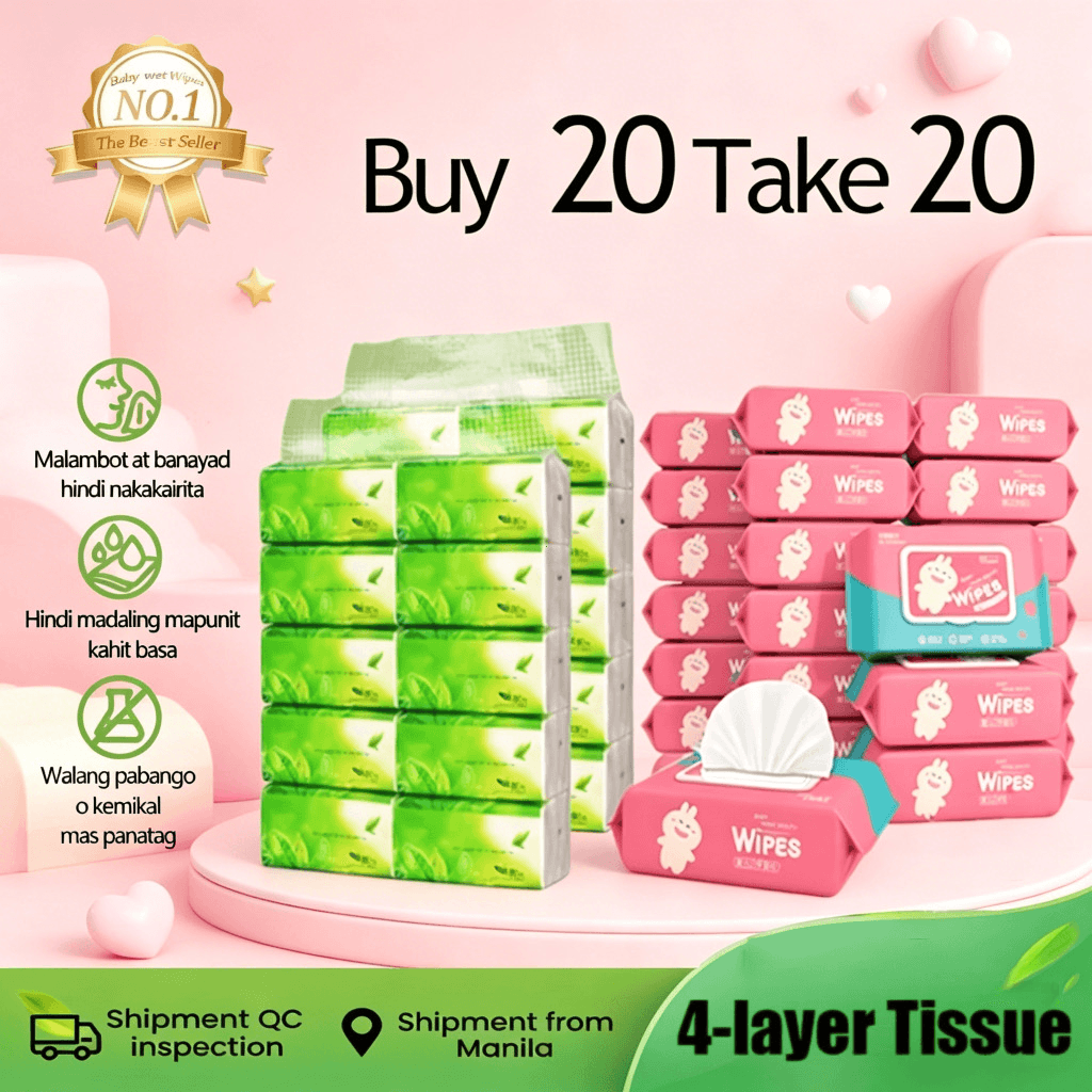 Combo 40 Packs Wipes (20 Packs) And Tissue (20 Packs)