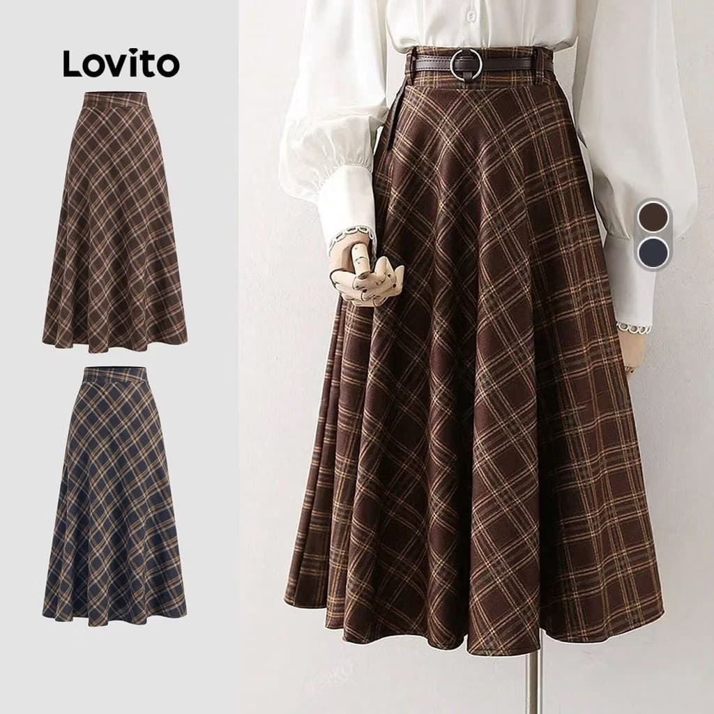 Lovito Women Casual Plaid Fabric Stitching Korean Skirt