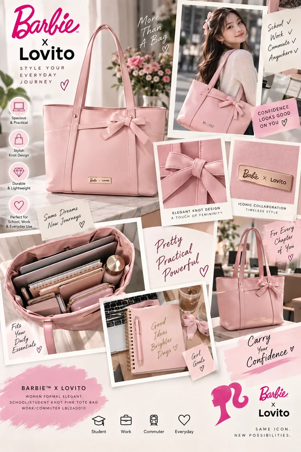 Your outfit is readyβbut is your bag? π Tired of carrying a bag that looks great but doesnβt fit your busy day? The Barbieβ’ X Lovito Knot Pink Tote Bag brings style + practicality together in one elegant everyday essential. π Elegant Knot Design β Adds a feminine, polished touch to any outfit. πΌ Perfect for Work & School β Easily complements your professional or student look. π Everyday Versatility β Great for commuting, classes, workdays, shopping, and casual outings. π Chic Pink Style β A soft, feminine statement that makes your everyday look more stylish. From morning classes to office meetings and coffee runs, carry your essentials without sacrificing your style. β¨ More than a toteβit's your everyday style companion. Barbieβ’ X Lovito β Carry your confidence wherever you go. π #BarbieXLovito #BarbieBag #PinkToteBag #WomensToteBag #KnotToteBag #SchoolBag #WorkBag #CommuterBag #EverydayBag #FashionBag #PinkBag #Lovito #FashionFinds #GirlyStyle #EverydayStyle