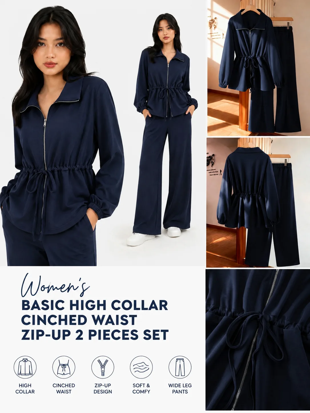 Women's Basic High Collar Cinched Waist Zip-Up 2 Pieces Set