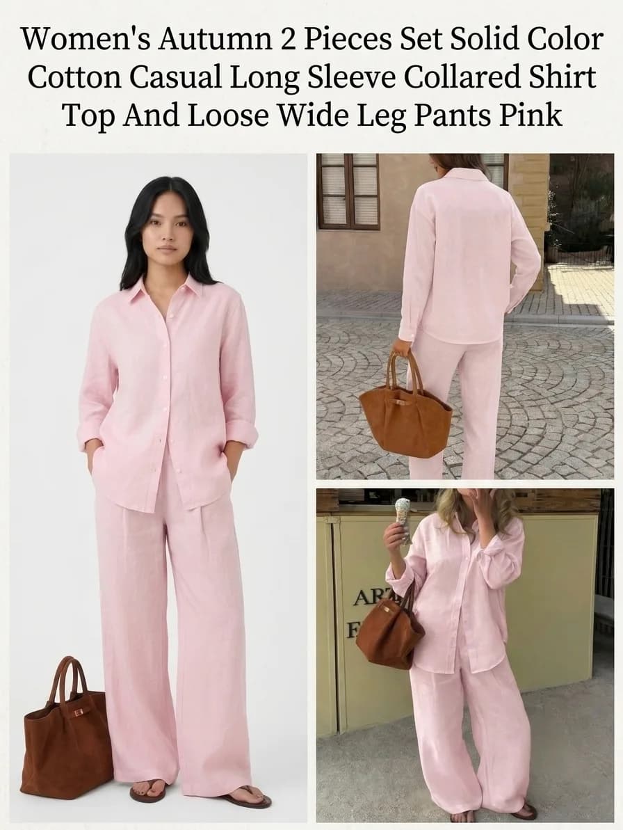 Women's Autumn 2 Pieces Set Solid Color Cotton Casual Long Sleeve Collared Shirt Top And Loose Wide Leg Pants Pink