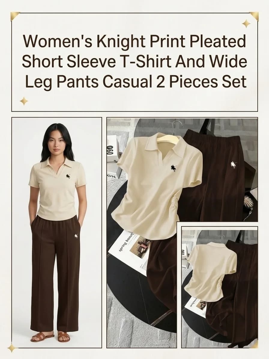 Women's Knight Print Pleated Short Sleeve T-Shirt And Wide Leg Pants Casual 2 Pieces Set