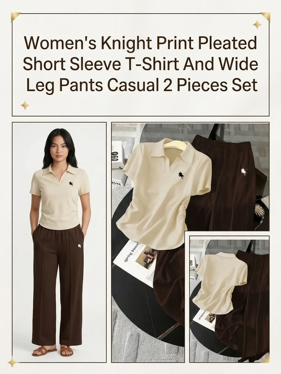 Women's Knight Print Pleated Short Sleeve T-Shirt And Wide Leg Pants Casual 2 Pieces Set