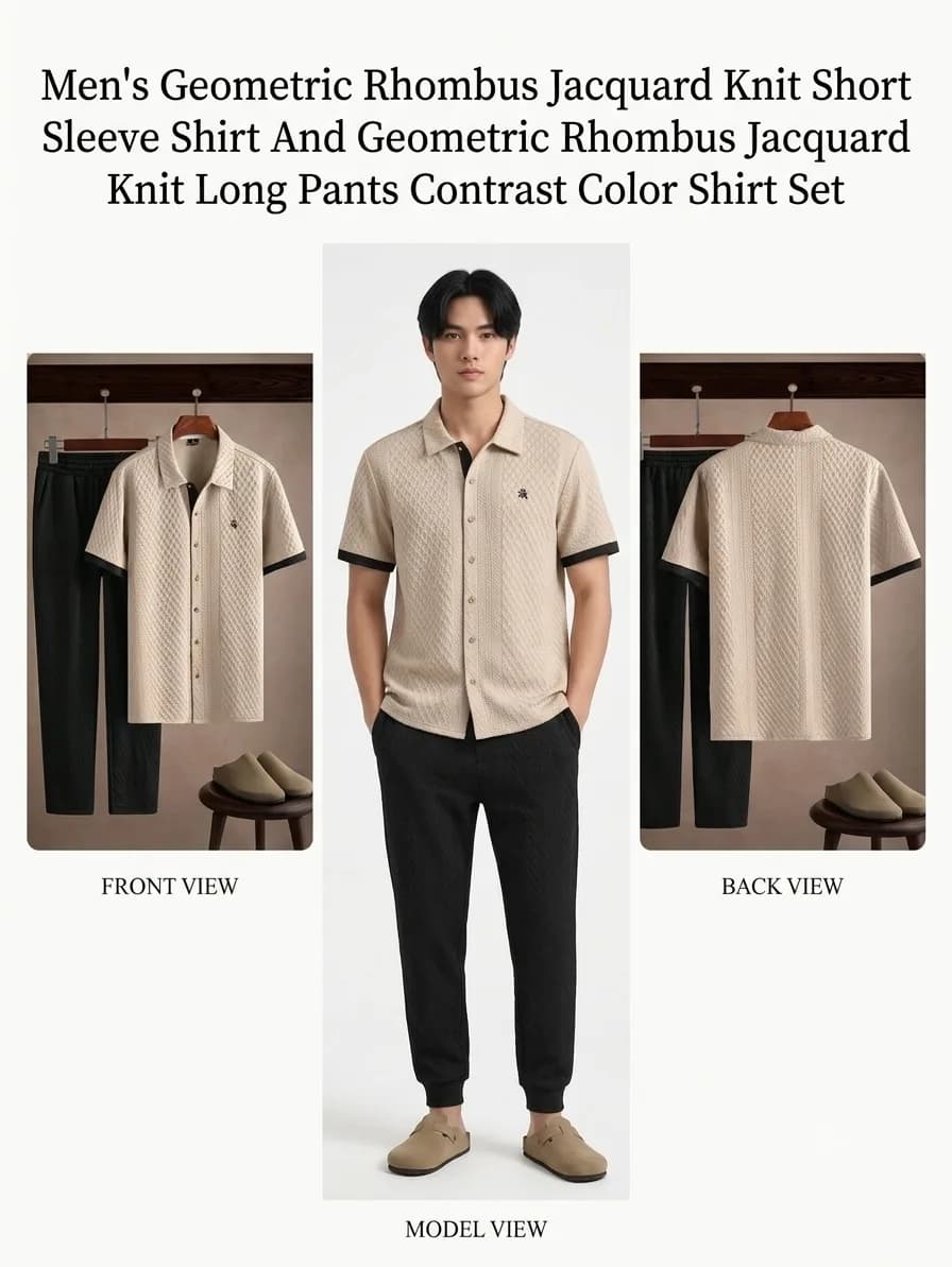 Men's Geometric Rhombus Jacquard Knit Short Sleeve Shirt And Geometric Rhombus Jacquard Knit Long Pants Contrast Color Shirt Set