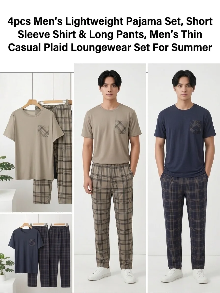 4pcs Men's Lightweight Pajama Set, Short Sleeve Shirt & Long Pants, Men's Thin Casual Plaid Loungewear Set For Summer