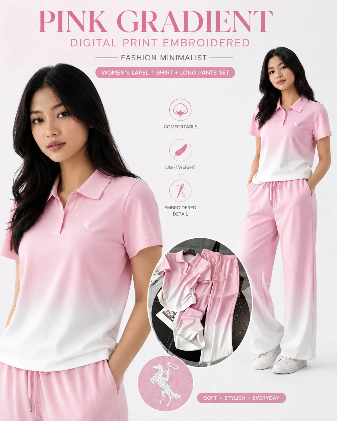 Pink Gradient Digital Print Embroidered Fashion Minimalist Women's Lapel T-Shirt + Long Pants Set