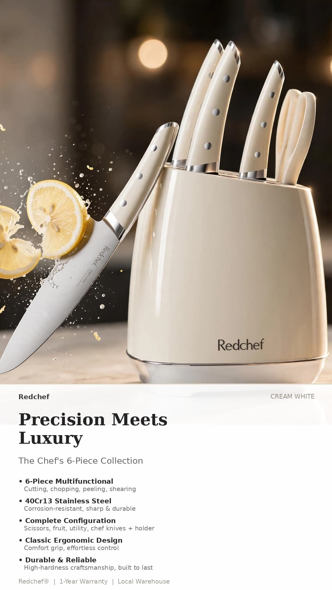 Redchef Stainless Steel Cream White Knife 6Pcs Set Kitchen Knife Chef Set Multipurpose Knife