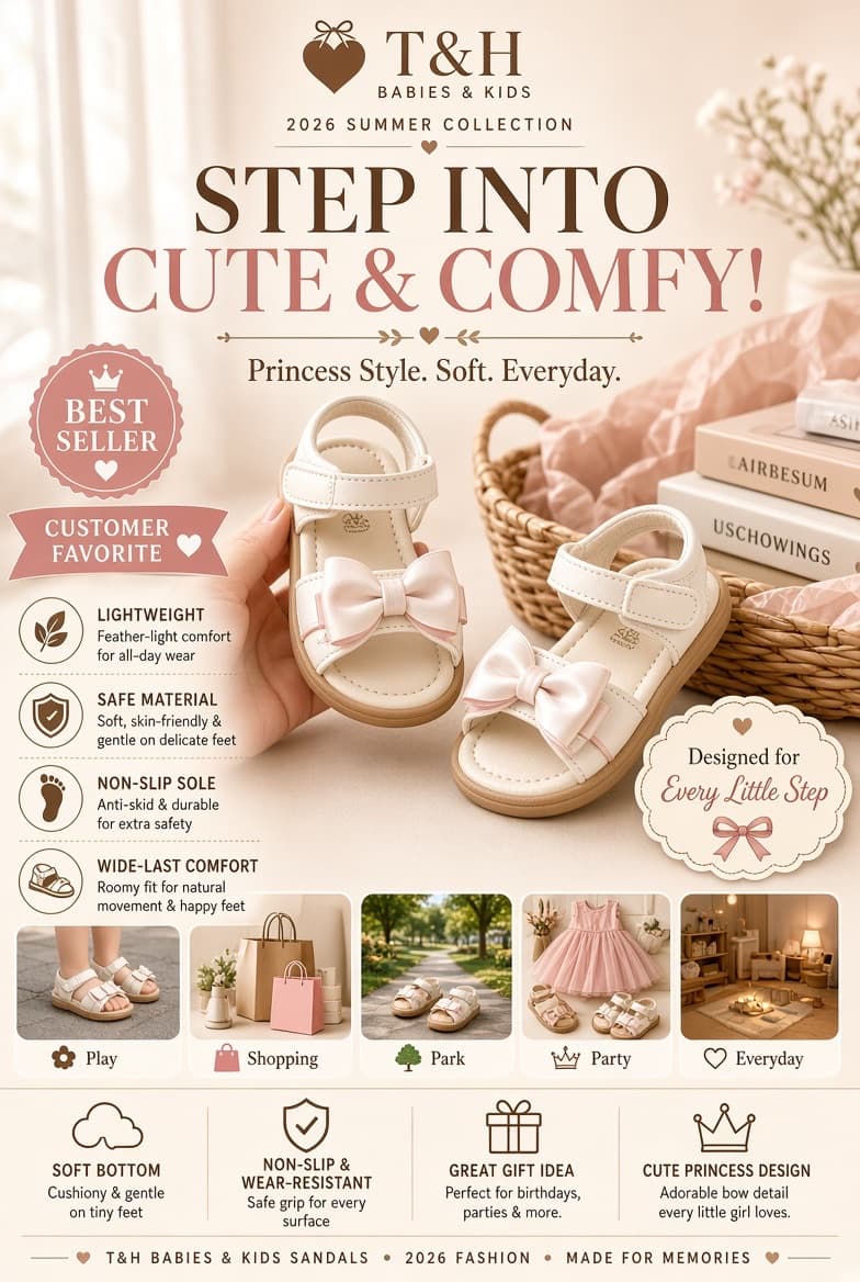 THBaby sandals for kids girls 2026 Summer Fashion Cute Princess Bow Soft Bottom Non-Slip Sandals
