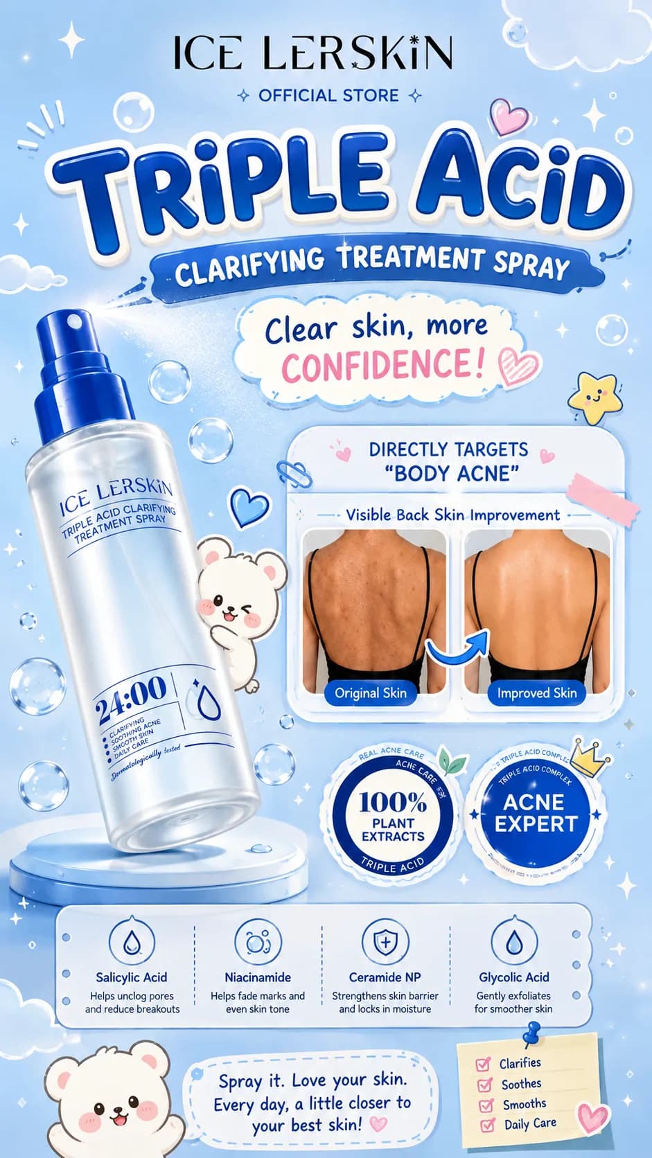 Body Acne Problem? Worry No More! Try this Triple Acid Clarifying Treatment Spray to solve your body acne problem.