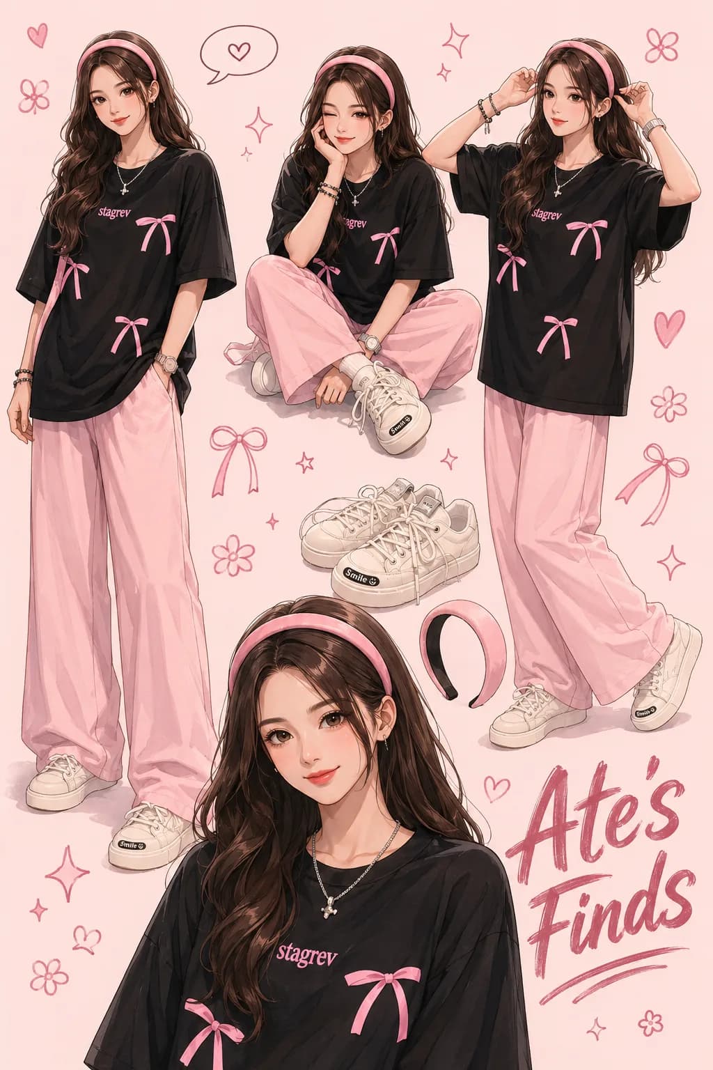 🎀 Cute, comfy, and effortlessly stylish. 🖤💗 This oversized tee + pink wide-leg pants combo is the perfect casual OOTD for coffee dates, campus days, or weekend hangouts. ✨