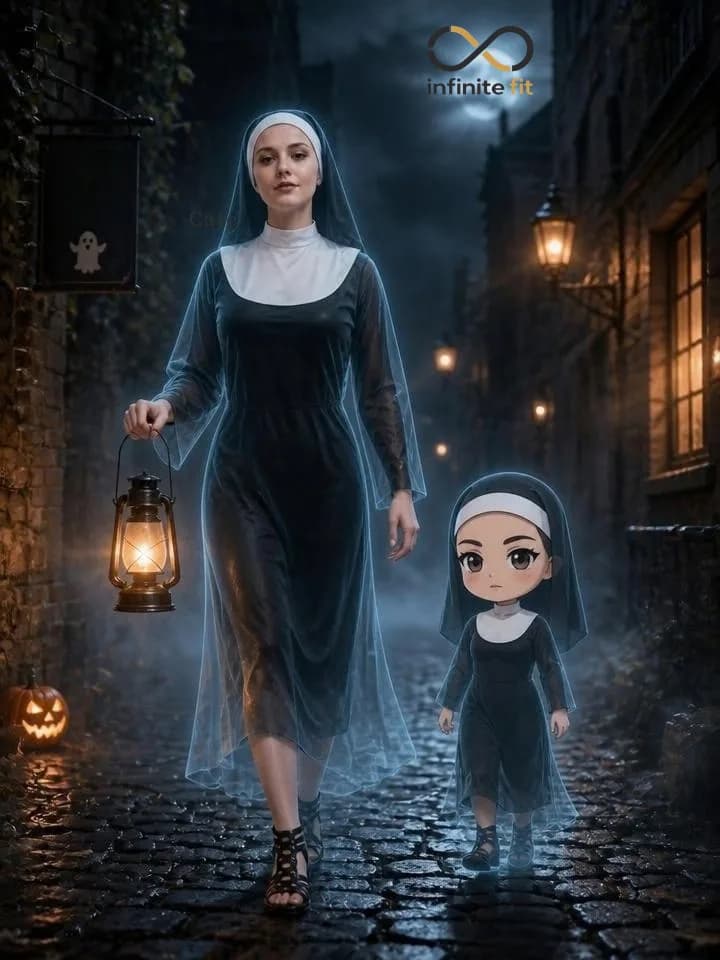 Matching Halloween couple costume idea: monk & nun horror aesthetic, dark cafe hopping vibes 🎃🕯️ Perfect for couple Halloween 2026 — would you try this eerie look?