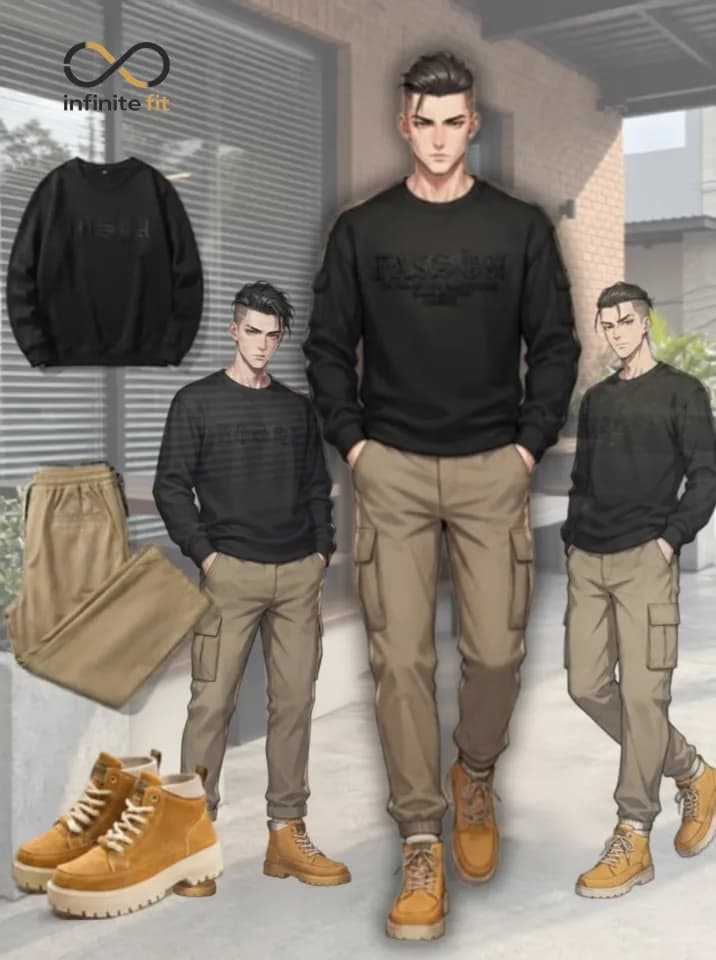 Oversized knit on top, tapered cargo underneath — the kind of fit that looks effortless because every piece was chosen to work together. Boots ground it, nothing fights for attention.