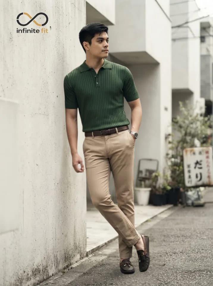 Classy Within the Budget, men's edition. A ribbed green polo tucked into tailored khakis, finished with a belt and clean black shoes simple pieces, sharp execution. This is smart-casual done right. Which detail's your favorite the polo texture, the fit of the khakis, or keeping it classic with black shoes? 👇