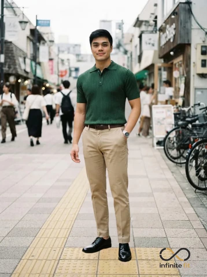 Classy Within the Budget, men's edition. A ribbed green polo tucked into tailored khakis, finished with a belt and clean black shoes simple pieces, sharp execution. This is smart-casual done right. Which detail's your favorite the polo texture, the fit of the khakis, or keeping it classic with black shoes? 👇