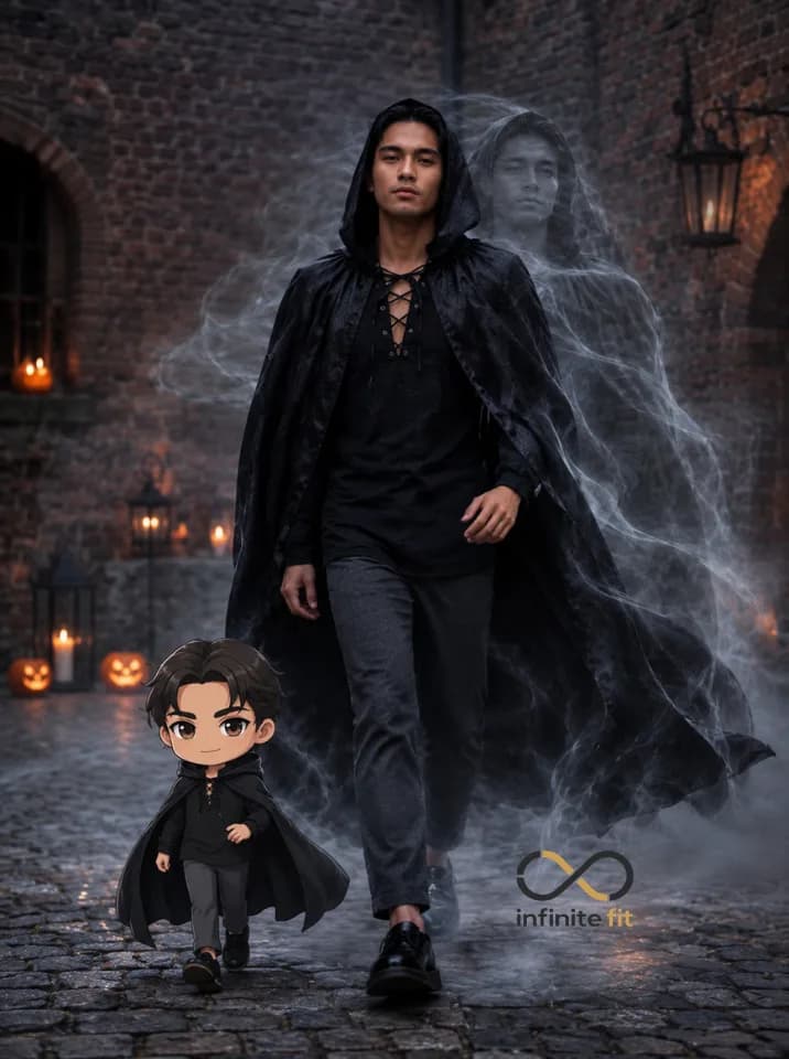 Matching Halloween couple costume idea: gothic vampire capes, dark cafe hopping aesthetic 🎃🖤 Perfect for couple Halloween 2026 — would you try this look?