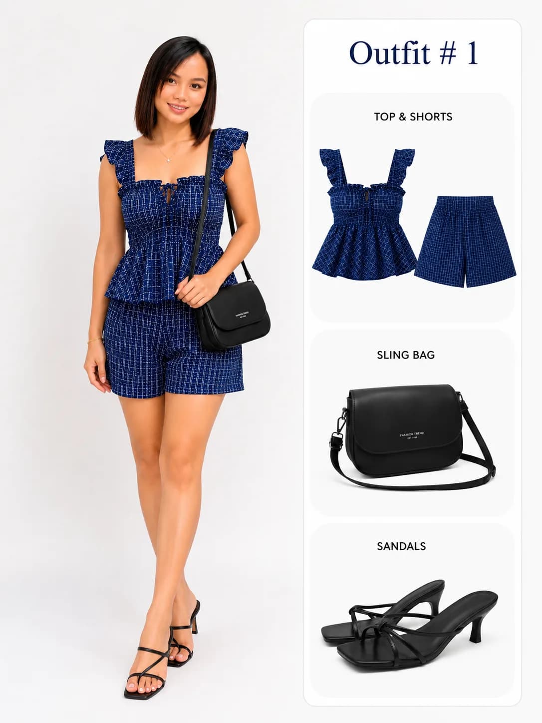 ✨ Outfit #1 — simple, classy & stylish! 💙 Perfect pang-araw-araw, gala, coffee date, or mall day! 🥰 Bagay na bagay ang blue set with black sling bag and heels. 👜👡