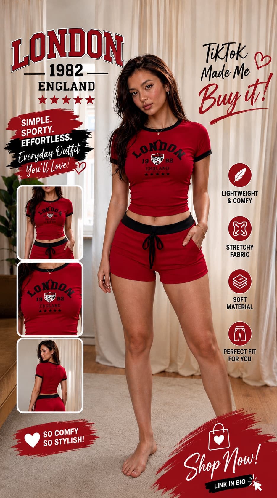 Red + black combo na bagay sa casual days, gala, coffee date, errands, or chill weekend. Sporty, cute, at effortless tingnan. πβ¨ LONDON 1982 ENGLAND vibes all the way! #TikTokMadeMeBuyIt #TikTokFinds #OOTD #FashionTok #OutfitInspo #CasualOutfit #MatchingSet #StreetwearStyle #LONDON1982 #FYP