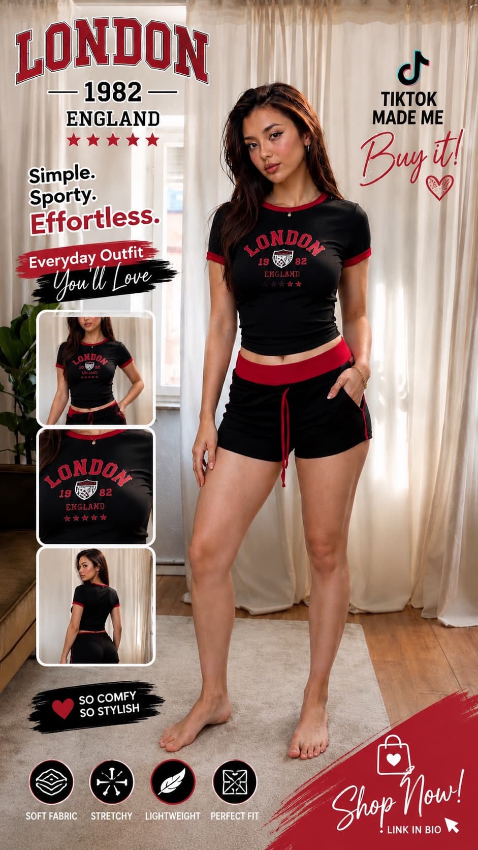 Red + black combo na bagay sa casual days, gala, coffee date, errands, or chill weekend. Sporty, cute, at effortless tingnan. πβ¨ LONDON 1982 ENGLAND vibes all the way! #TikTokMadeMeBuyIt #TikTokFinds #OOTD #FashionTok #OutfitInspo #CasualOutfit #MatchingSet #StreetwearStyle #LONDON1982 #FYP