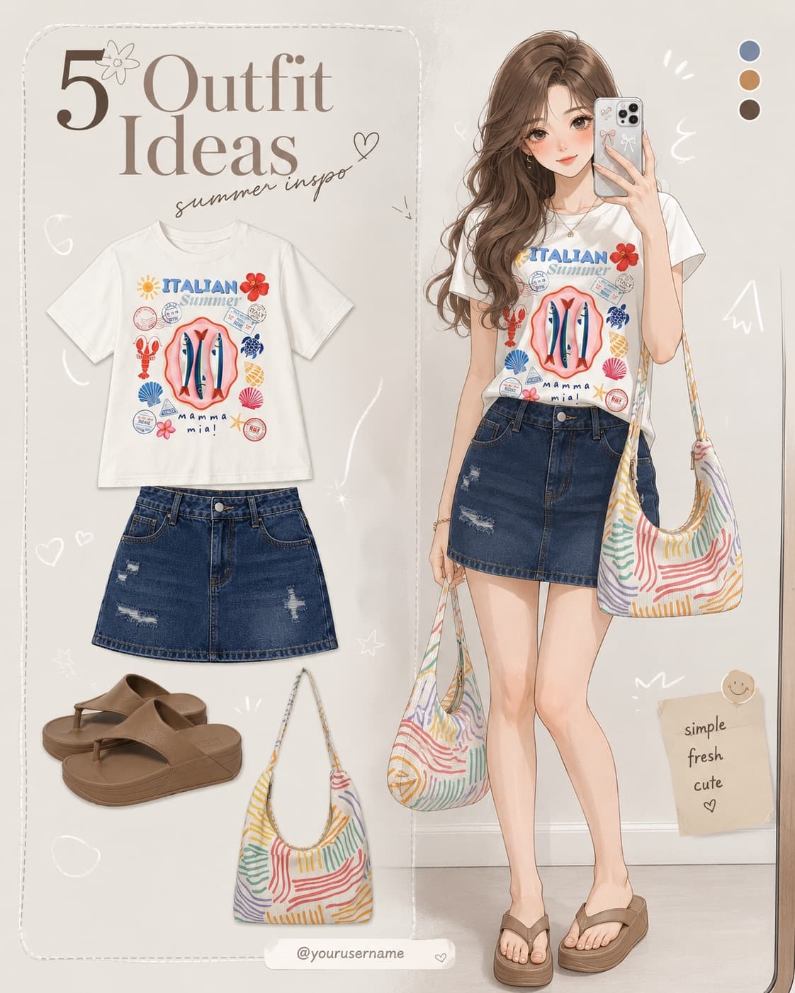 Cute graphic tee + denim skirt + comfy platform sandals + colorful shoulder bag = effortless Italian summer vibes ๐ฎ๐นโจ Simple, fresh, cute pero ang lakas ng dating! ๐ฅฐ Perfect pang-TikTok, gala, beach trip, coffee date, at everyday OOTD. ๐ Which piece is your favorite? ๐๐๐ฉด๐ #OOTD #SummerOutfit #OutfitIdeas #SummerOOTD #FashionInspo #TikTokMadeMeBuyIt #TikTokFinds #FashionTok #OutfitInspo #CasualOutfit #CuteOutfit