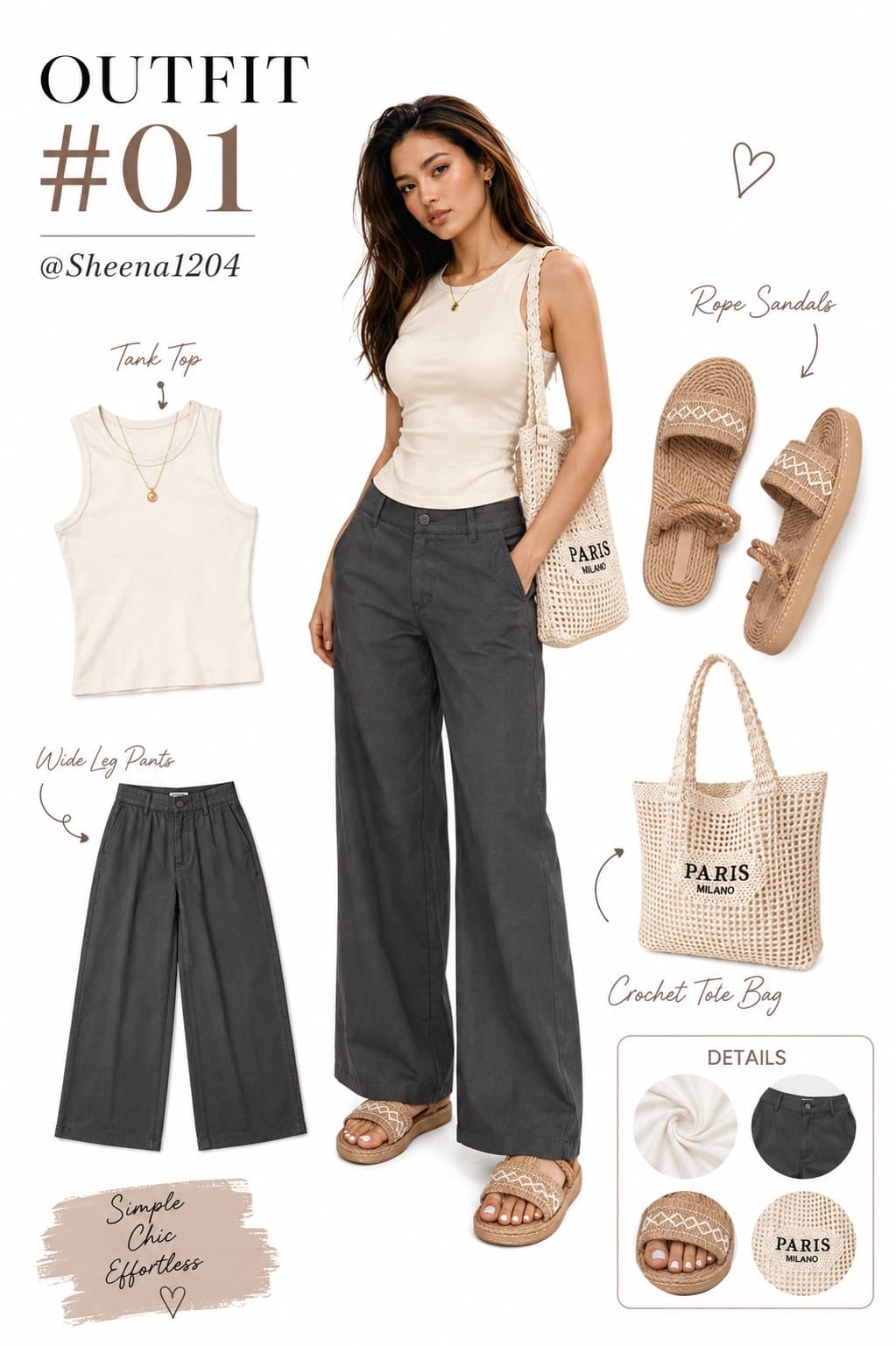 OOTD na simple pero ang lakas ng dating! ๐ค Cream top + wide-leg pants + rope sandals + crochet tote = effortless chic look na bagay sa casual day out, coffee date, mall day, or summer gala. ๐๐ก Minimalist pero classyโyung tipong hindi kailangang bongga para mapansin. ๐ ๐ Perfect everyday outfit! Save mo โto for your next OOTD inspo. โจ #OOTD #OutfitInspo #FashionPH #TikTokMadeMeBuyIt #Sheena1204 #SimpleChic #EffortlessStyle #CasualOutfit #SummerOOTD #FashionFinds #TikTokShopPH #Aff