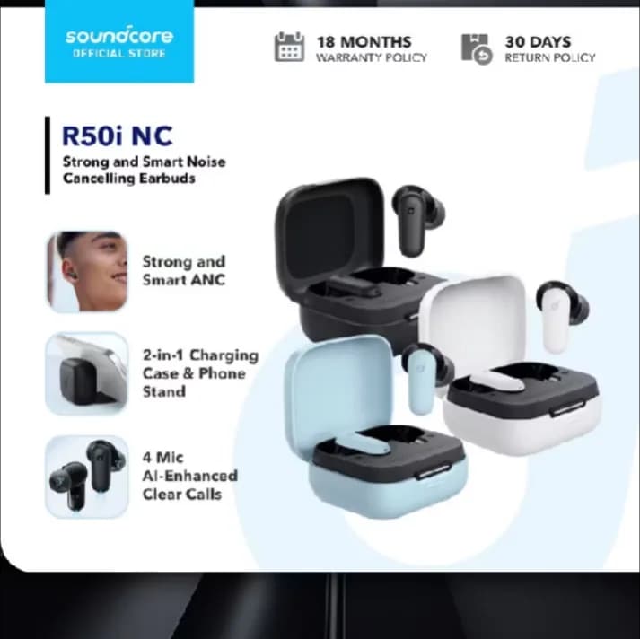 Soundcore R50i NC, 2 in 1 Charging Case and Phone Stand, Bluetooth 5.4, IP54 Waterproof, ANC, 45 Hour Battery Life
