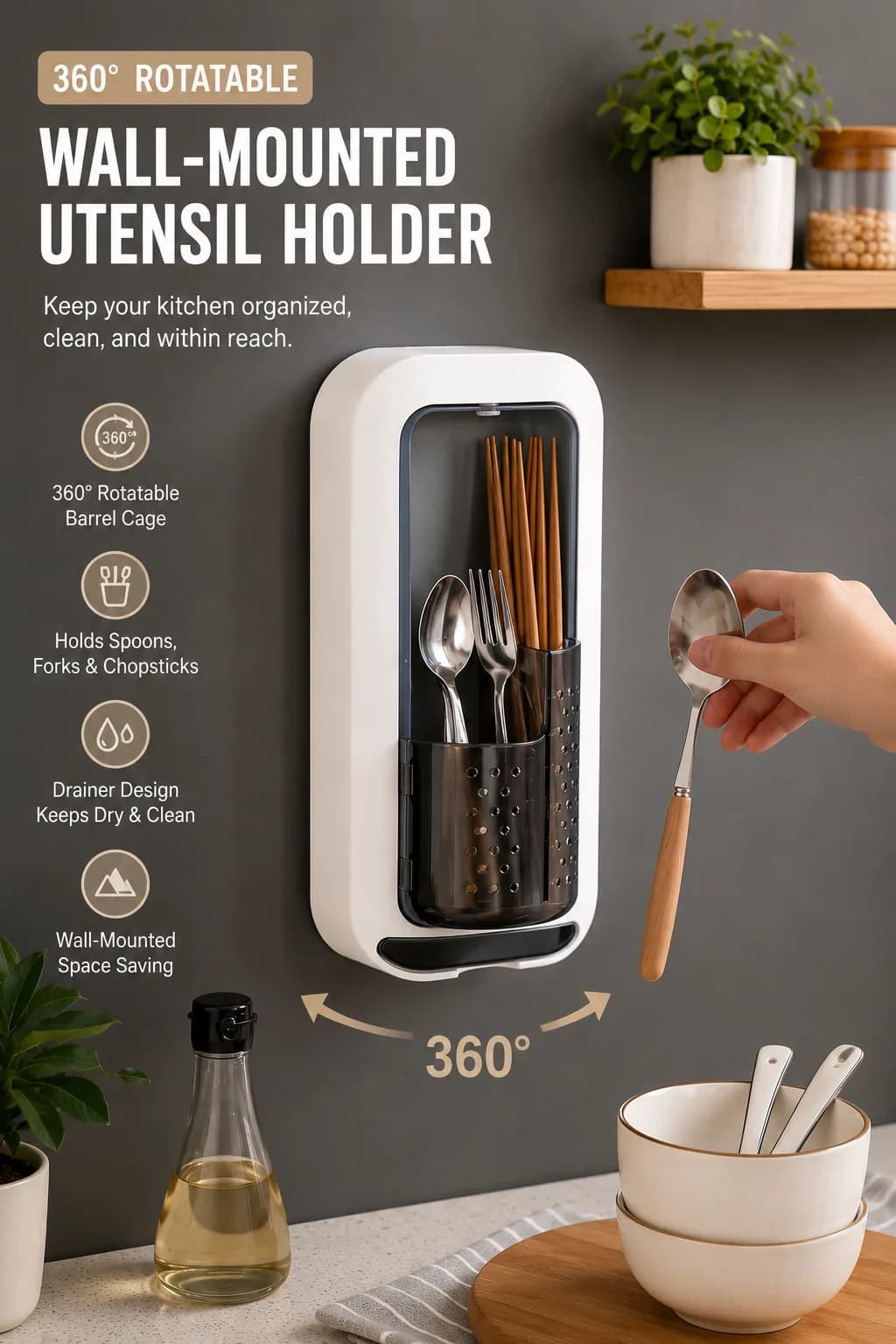 🍴 Space-Saving Kitchen Find ✨ Keep your spoons, forks, and chopsticks organized and easy to reach with this 360° rotatable wall-mounted utensil holder. A handy storage solution for keeping your kitchen counter neat and clutter-free. 🤍 🛍️ Tap the product pin to check it out. #KitchenFinds #KitchenOrganizer #HomeFinds #SpaceSaving #MomiiKenFindsPH
