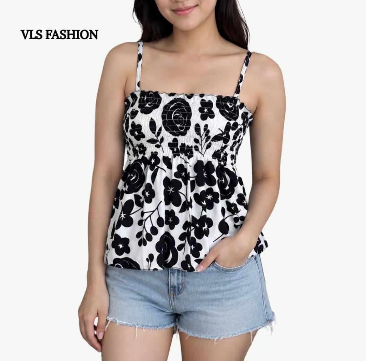 VLS Milka Printed Smocked Peplum Spaghetti Strap Top for Woman Casual Top