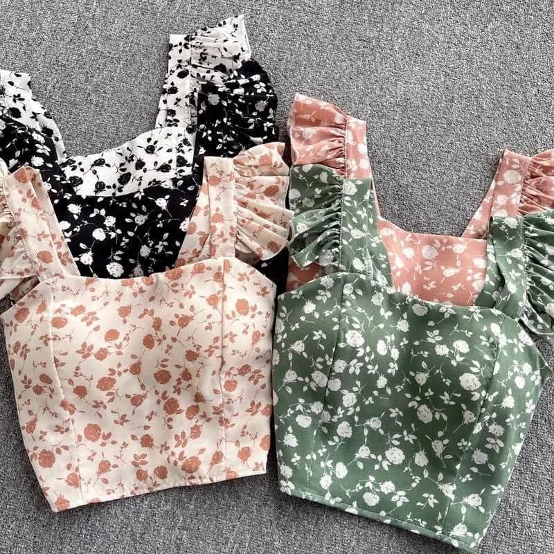 Women Strap Tops Fashion Korean Sleeveless Slim Y2K Floral Tops Bow Sexy Ruffles Elastic Waist Short Camis