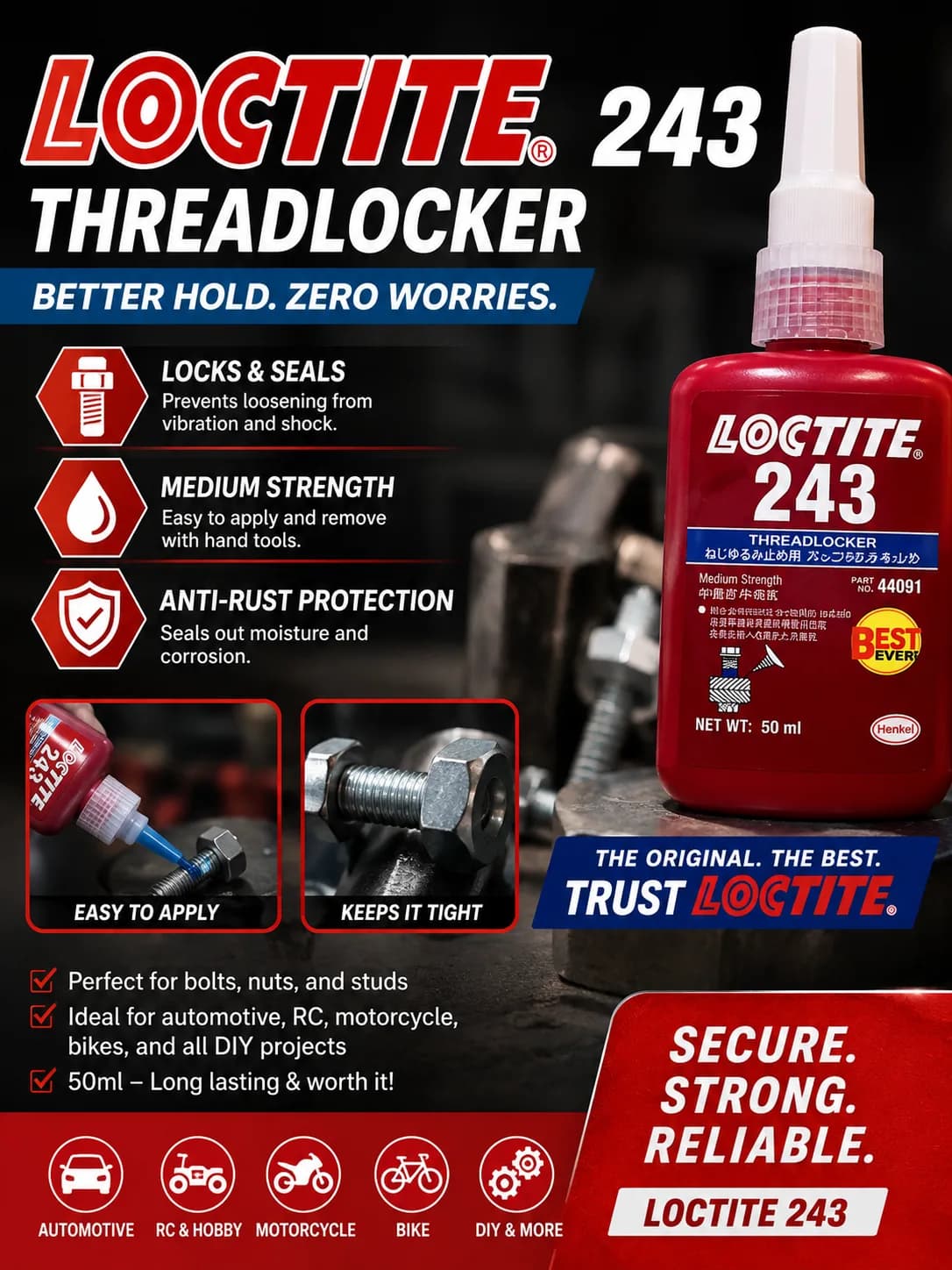 Loctite 243 Threadlocker 🔩 Ayaw mong lumuwag ang bolts dahil sa vibration? 💯 Loctite 243 helps secure threaded fasteners and helps prevent loosening—perfect para sa RC cars, tools, motorcycles, at iba pang applications. ✅ Vibration-resistant ✅ Strong thread locking ✅ Easy to apply ✅ Great for RC builds & repairs Secure it. Lock it. Ride it. 🔩💪 #Loctite243 #Threadlocker #RCTools #RCParts #RCBuild #RCHobby #DIYTools #ShopeeFinds #ShopeeAffiliate