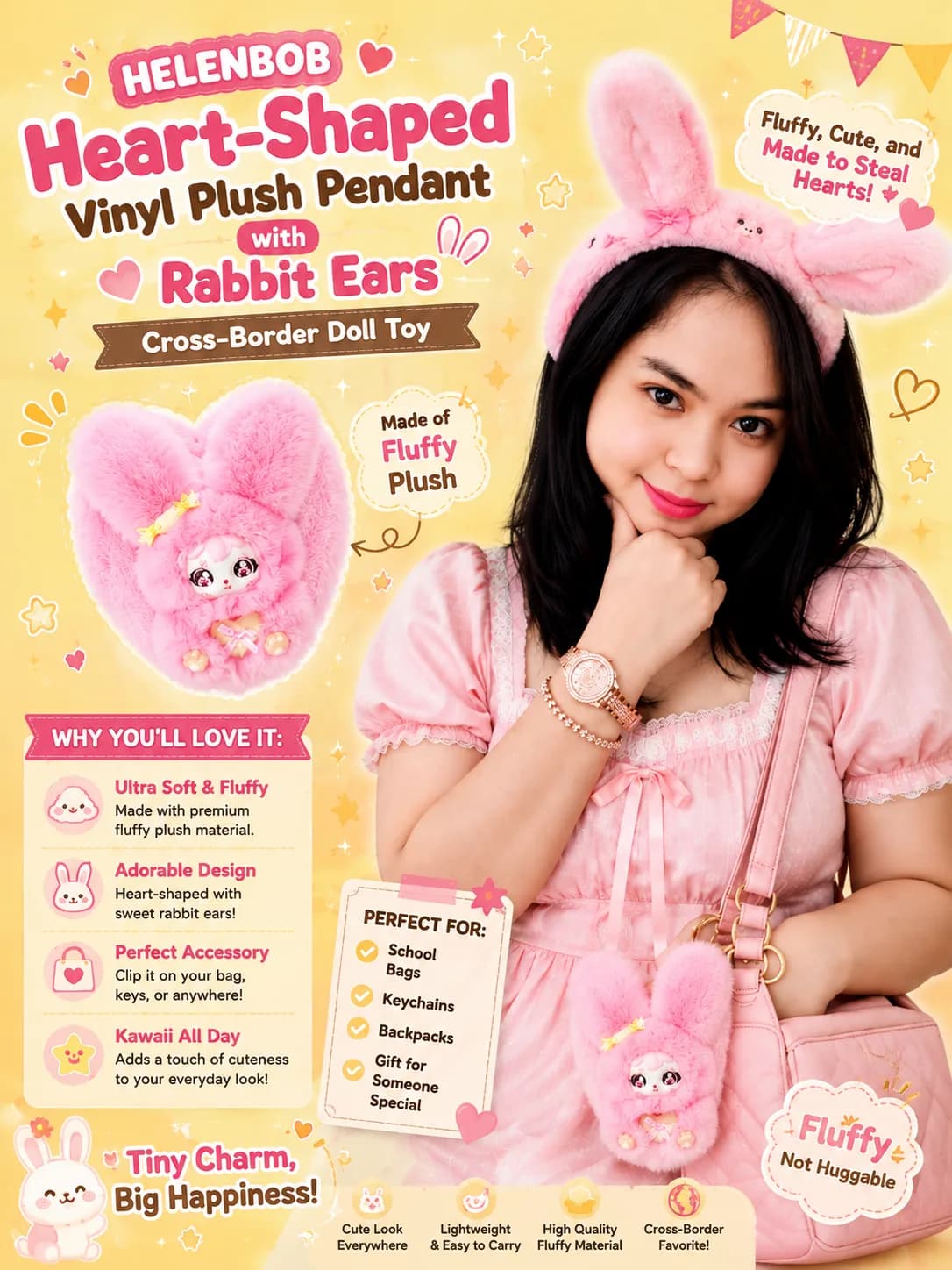 HELENBOB Heart-Shaped Vinyl Plush Pendant with Rabbit Ears Cross-Border Doll Toy