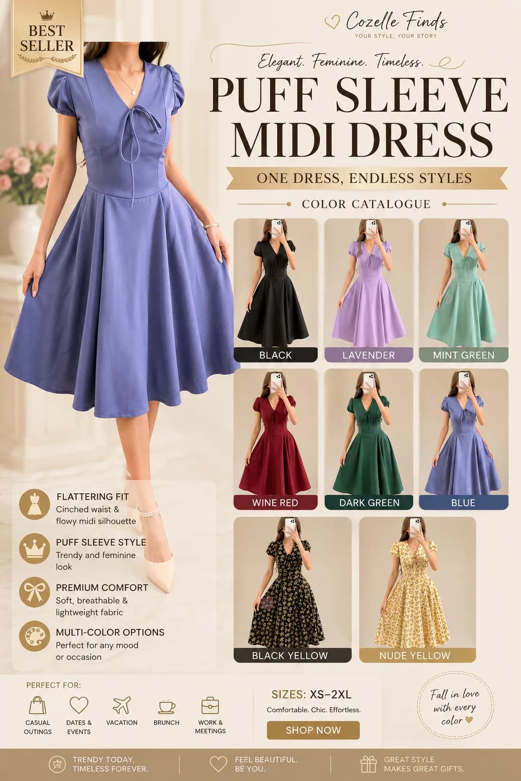 β¨ ONE DRESS, ENDLESS STYLES β¨ Meet the dress that makes effortless elegance easy. ππ Featuring feminine puff sleeves, a flattering V-neckline, delicate front tie detail, a cinched waist, and a flowy midi silhouette. Available in 8 gorgeous colors to match every mood and occasion. π π€ Black | π Lavender | π Mint Green | β€οΈ Wine Red π² Dark Green | π Blue | πΌ Black Yellow Floral | π» Nude Yellow Floral Perfect for brunch dates, vacations, casual outings, special occasions, and everyday chic looks. β¨ Which color would you wear? Tell us below! ππ #PuffSleeveDress #MidiDress #WomensFashion #ElegantStyle #FeminineFashion #DressInspiration #OOTD #StyleInspiration #FashionFinds #CozelleFinds