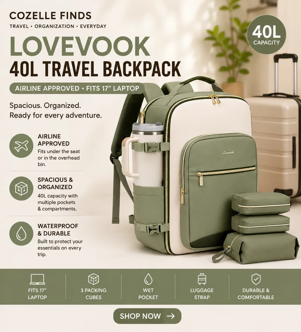 Pack more. Travel easier. βοΈπ Meet the LOVEVOOK 40L Travel Backpack β designed to keep your essentials organized while you're on the go. βοΈ 40L spacious capacity βοΈ Airline-approved carry-on size βοΈ 3 packing cubes included βοΈ Fits up to a 17" laptop βοΈ Wet pocket + luggage strap Perfect for weekend getaways, business trips, and longer adventures. β¨ Shop now & travel organized! π§³