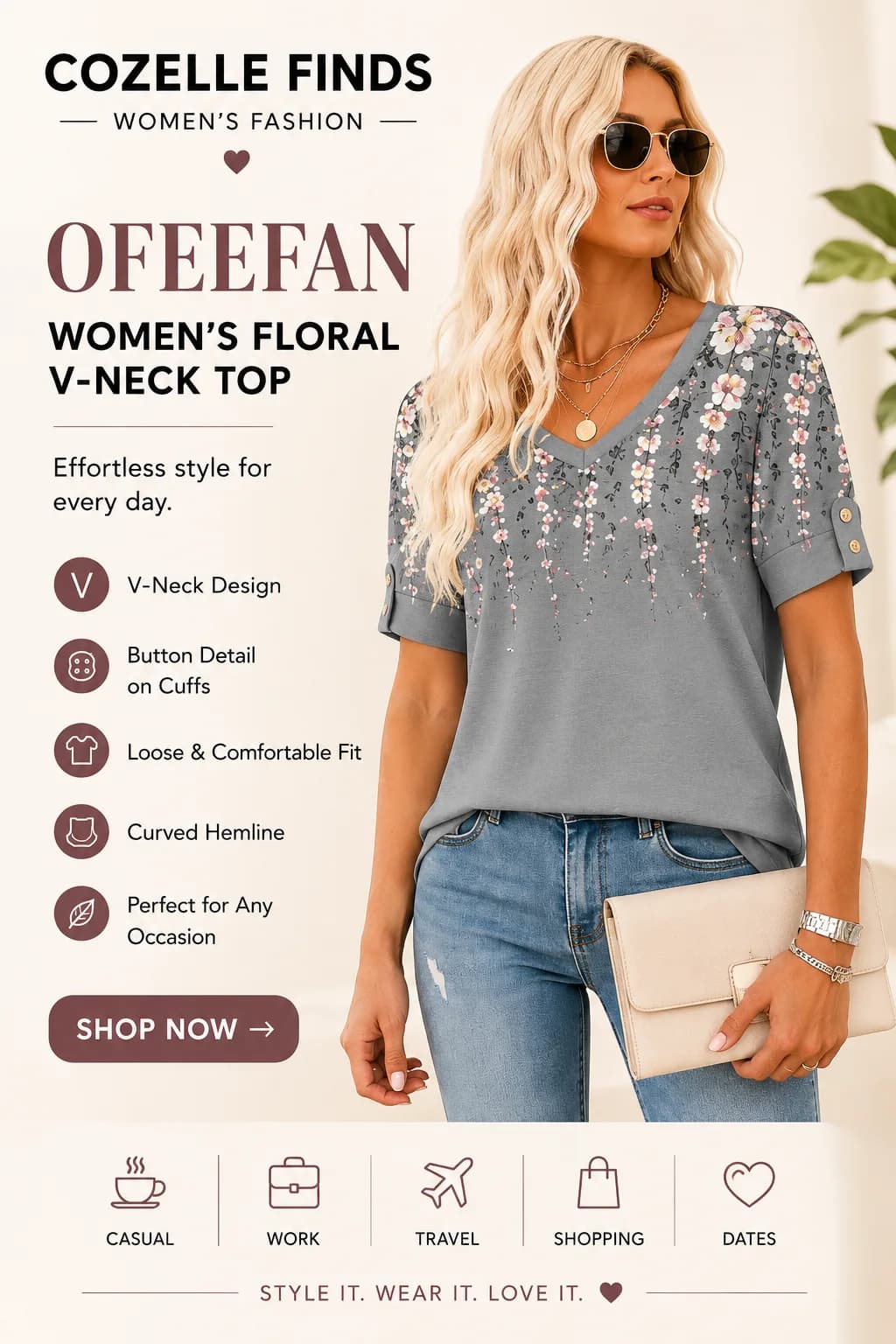 A polished everyday top with a flattering V-neck, floral print, button-accented sleeves, and a relaxed flowy fit. Pair it with jeans, shorts, skirts, or leggings for an easy look that works from casual days to office outfits. ✨