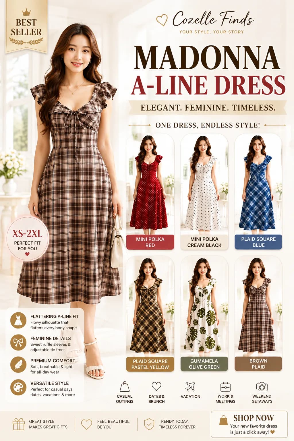 One dress, endless ways to shine. ✨👗 The Madonna A-Line Dress features feminine ruffle sleeves, a flattering fitted waist, charming tie-front detail, and a flowy silhouette perfect for everyday elegance. Choose from beautiful colors and prints for casual outings, brunch dates, vacations, and special moments. 💕 Which style is your favorite? ❤️
