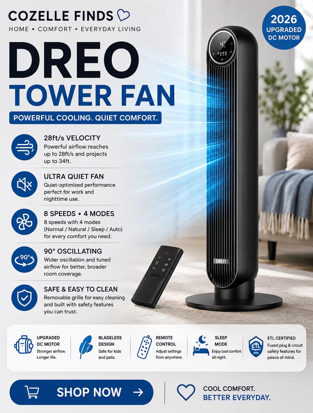 A sleek and space-saving way to stay cool. βοΈ The DREO Tower Fan delivers powerful airflow with convenient controls, making it a great addition to bedrooms, offices, and everyday living spaces.
