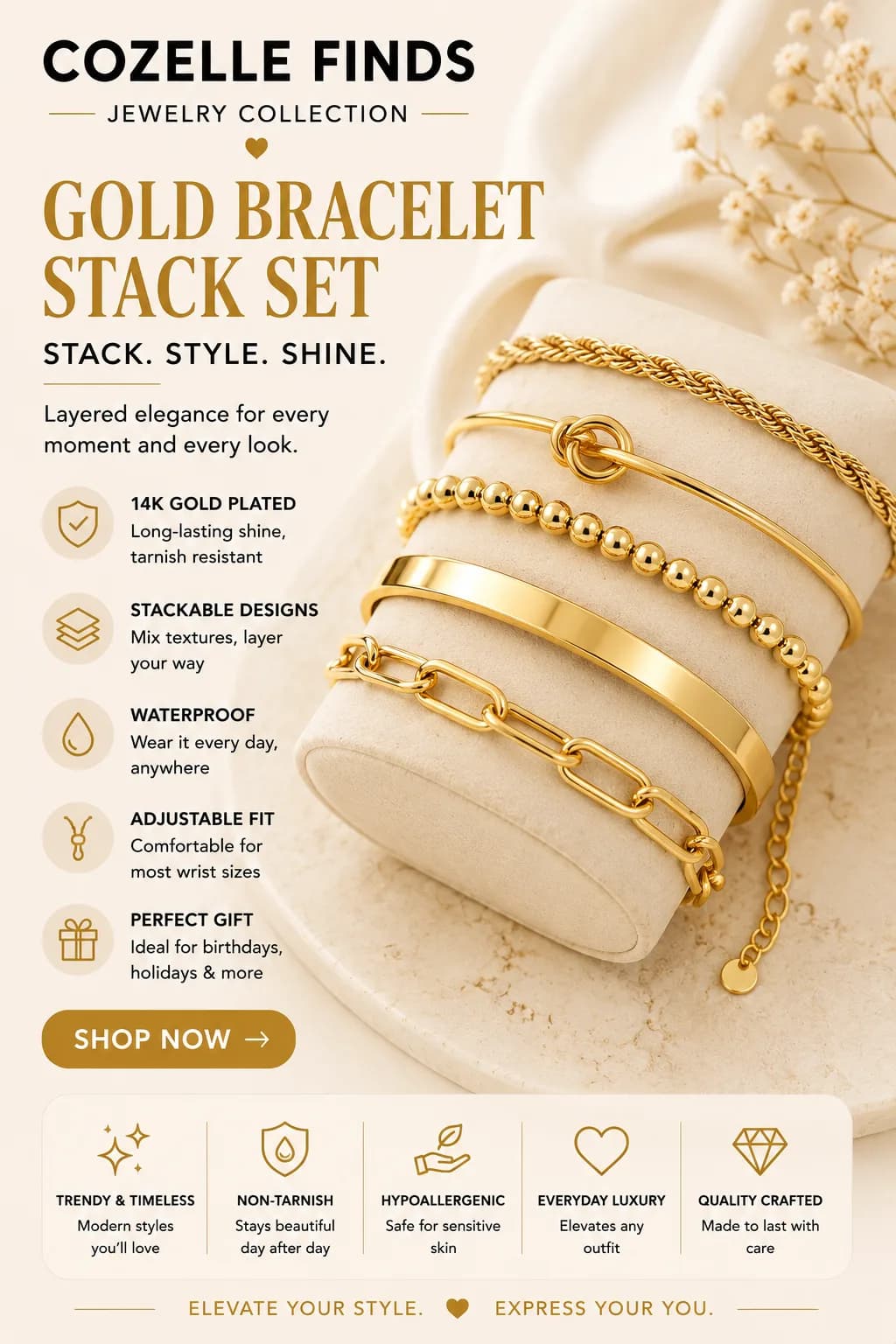 Stack your style. ✨ This versatile gold bracelet set combines Cuban rope, paperclip, tie-knot, and beaded-inspired designs for an effortlessly layered look. Adjustable sizing makes it easy to mix, match, and style for everyday outfits or special occasions.