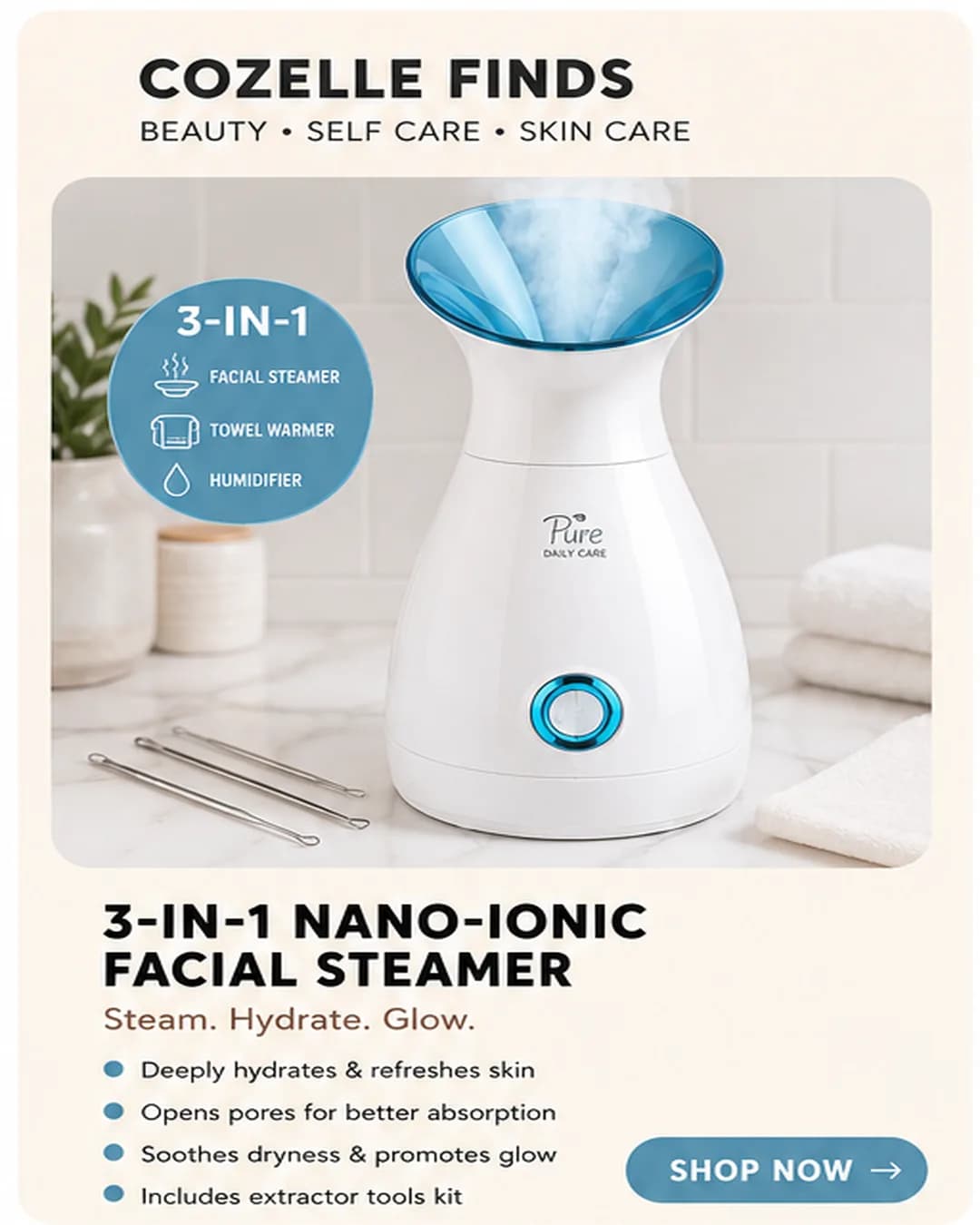 Spa-like skincare at home β¨ A versatile 3-in-1 facial steamer for relaxing self-care days and refreshing your skincare routine.