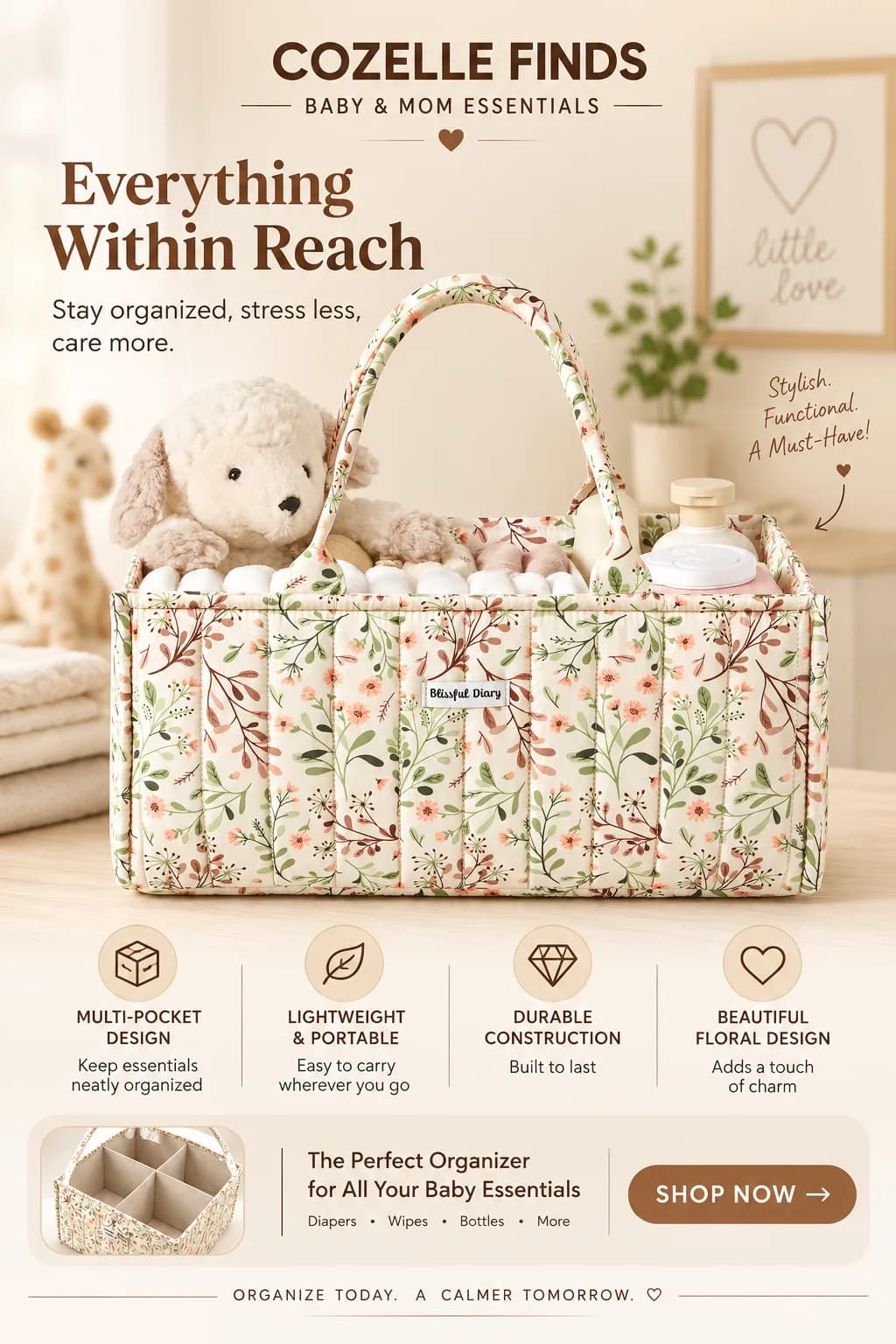 πΈπ§Ί Keep baby's everyday essentials organized and within reach with this beautiful floral diaper caddy. A stylish and practical nursery essential for busy moms. #DiaperCaddy #BabyOrganizer #NurseryOrganization #BabyEssentials #NewMomEssentials #NurseryEssentials #CozelleFinds #amazonaffiliate #ad