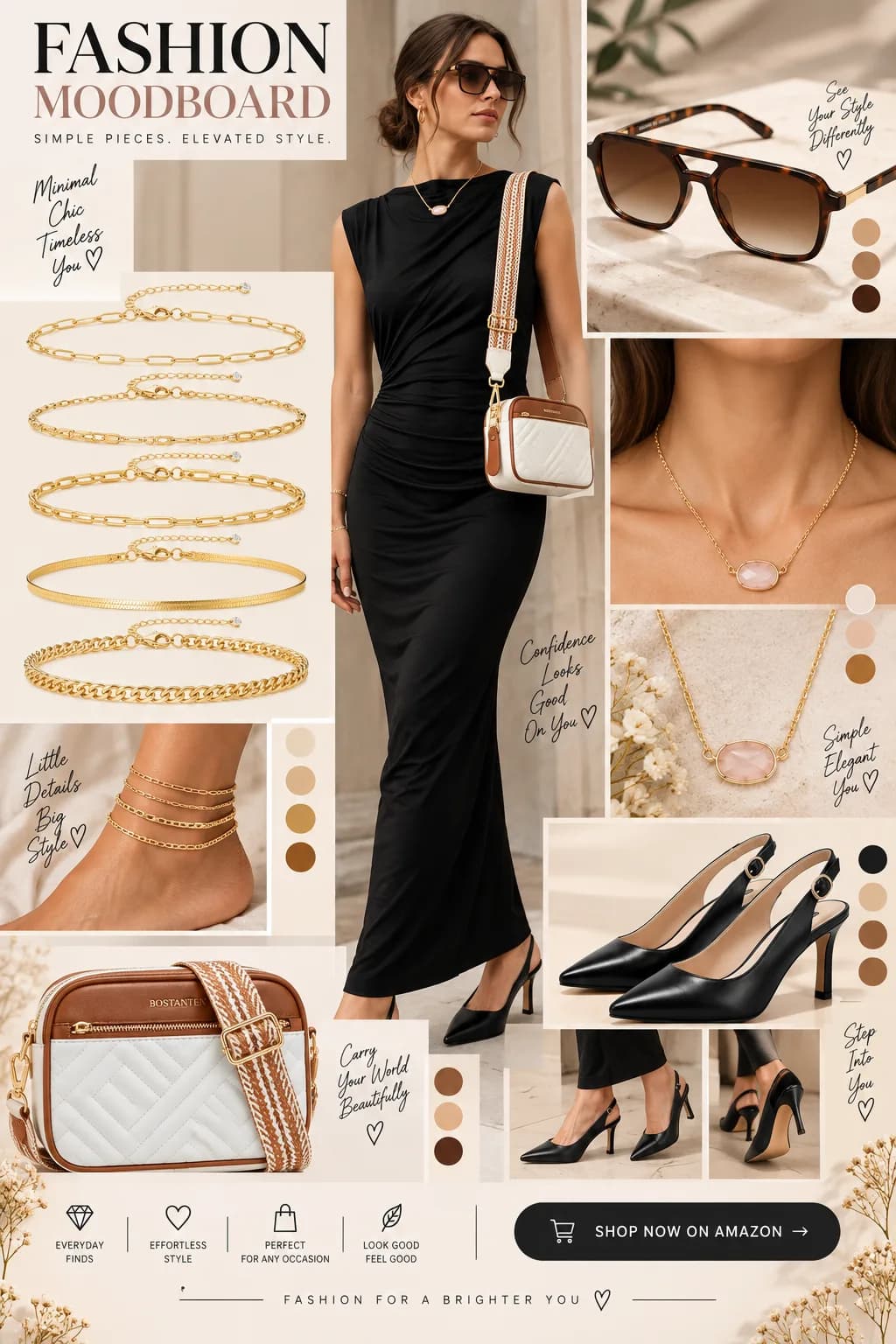 Discover these fashion finds featuring a 5-piece gold anklet set, BOSTANTEN crossbody bag, sleeveless ruched maxi dress, necklace, pointed-toe slingback heels, and SOJOS sunglasses. SHOP NOW — CHECK THE LINK IN BIO OR COMMENTS!