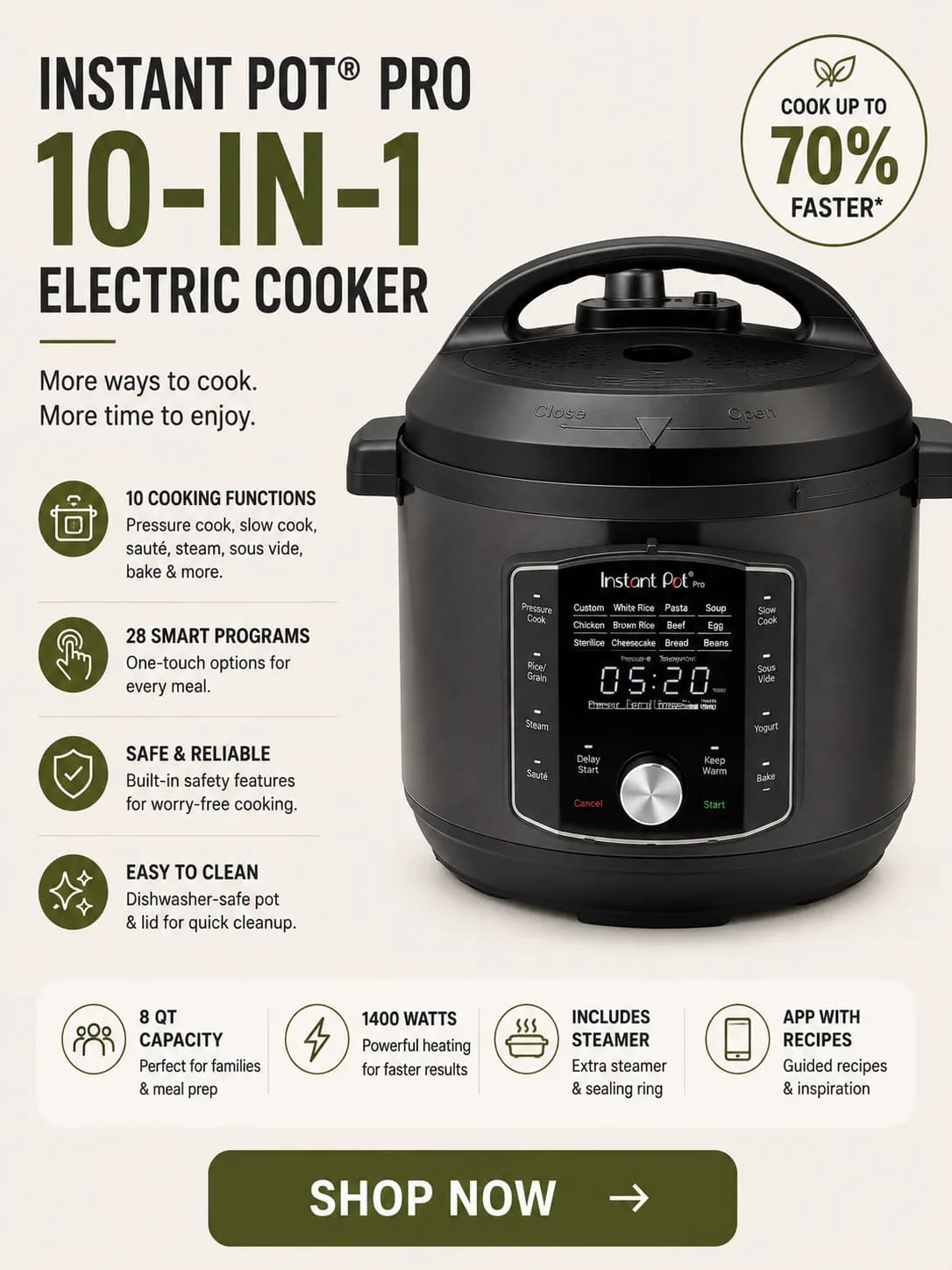Take on more recipes with the Instant Pot Pro 8 Qt 10-in-1 Electric Pressure Cooker. Pressure cook, slow cook, sous vide, sautΓ©, sterilize, cook yogurt and rice, bake, steam, or keep meals warmβall in one appliance. Features 28 one-touch smart programs, an 8-quart capacity for up to 8 servings, and convenient gentle steam release. π SHOP NOW & Make More Meals in One Appliance!