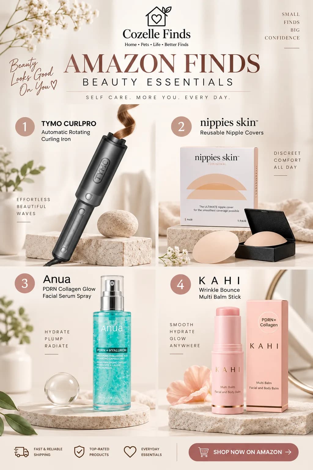 Discover beauty essentials designed to make your everyday routine feel a little more elevated. πβ¨ From effortless beach waves and convenient coverage to hydrating Korean skincare and an on-the-go multi balm, these beauty finds are perfect additions to a self-care routine. β¨ Featured Beauty Finds: β’ TYMO CURLPRO Automatic Rotating Curling Iron β’ Nippies Reusable Nipple Covers β’ Anua PDRN + Hyaluron Facial Serum Spray β’ KAHI PDRN + Collagen Multi Balm Explore more beauty finds and everyday favorites through Cozelle Finds. π€ #BeautyFinds #BeautyFavorites #SelfCareEssentials #SkincareFinds #HairCareTools #KoreanSkincare #BeautyRoutine #AmazonFinds #BeautyProducts #EverydayBeauty #GlowRoutine #CozelleFinds