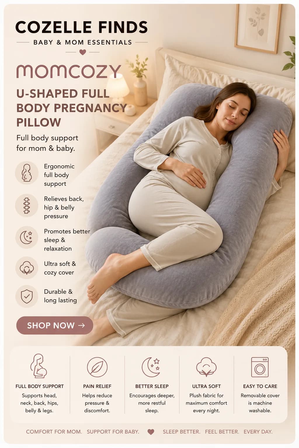 🤰🤍 Comfort matters during pregnancy. The Momcozy U-shaped full-body pregnancy pillow provides cozy support around your body while you rest and relax. A thoughtful essential for moms-to-be. #Momcozy #PregnancyPillow #MaternityPillow #PregnancyEssentials #PregnancyMustHaves #MomToBe #CozelleFinds #amazonaffiliate #ad